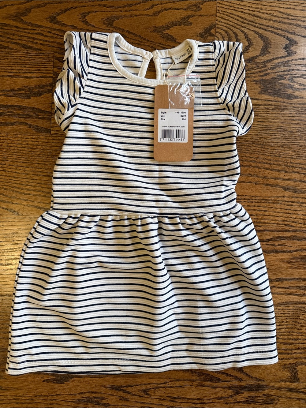 Striped Puff-Sleeve Kids Dress in Navy & White